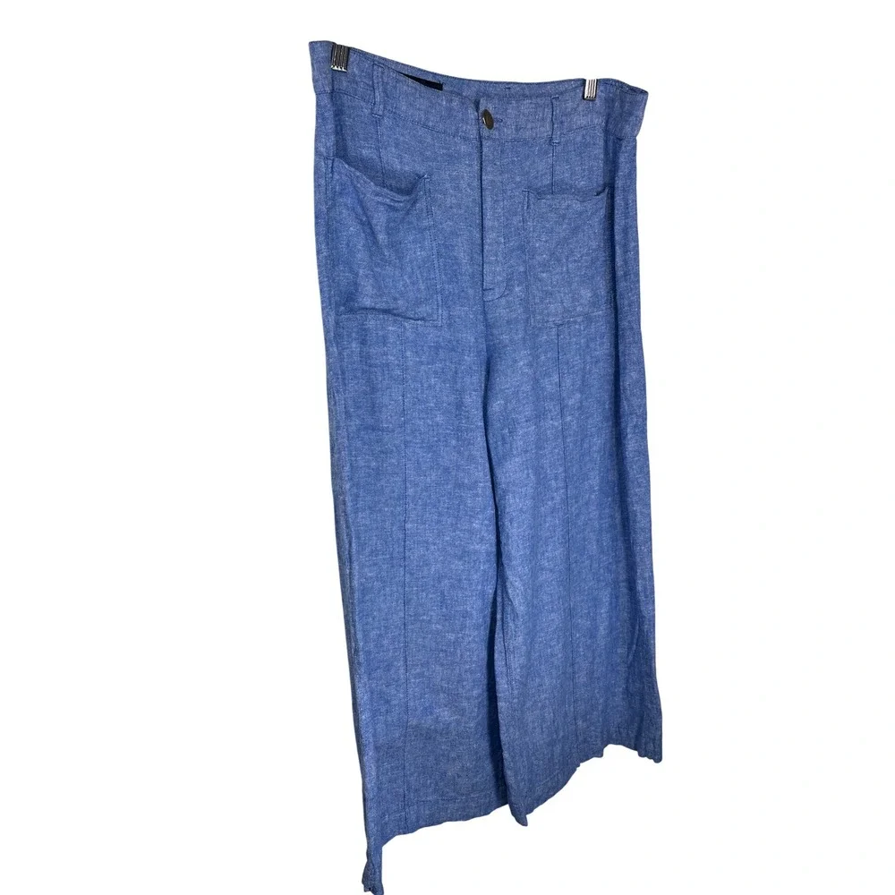 Zara Pants Womens XL Blue Linen Blend High Rise Wide Leg Cropped Patch Pocket